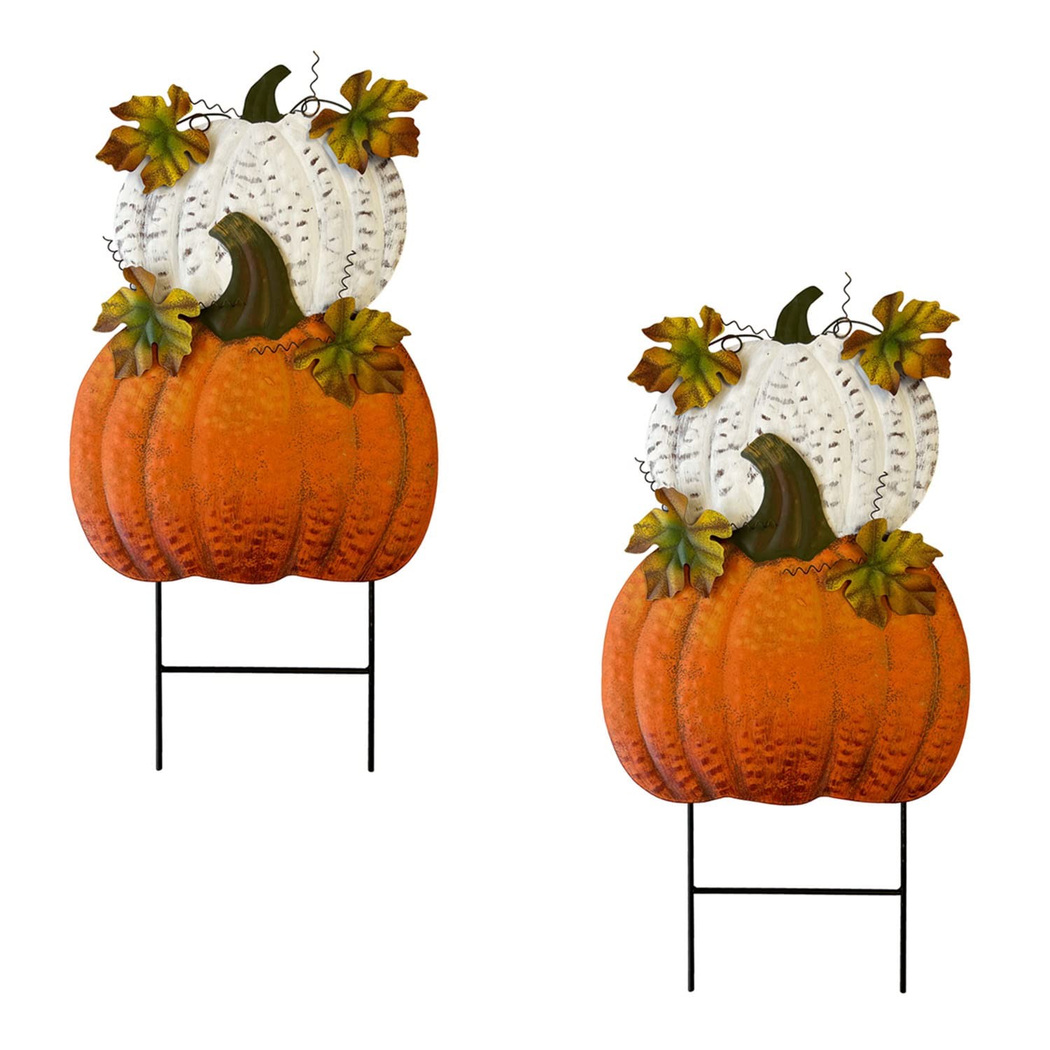 Set of 2 Rustic Metal Stacked Pumpkin Garden Stake Indoor Outdoor Welcome Dec…
