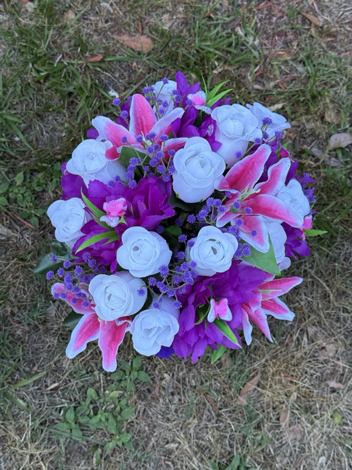 Cemetery Vase Memorial Silk Flower Arrangement White, Purple & Pink