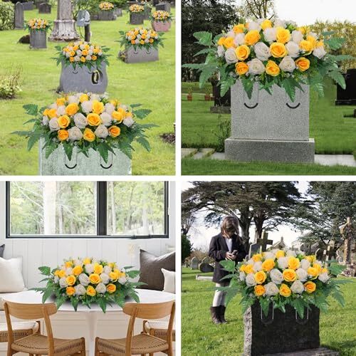 Cemetery Headstone Flower Saddle,Artificial Cemetery Flower Saddles for Yellow