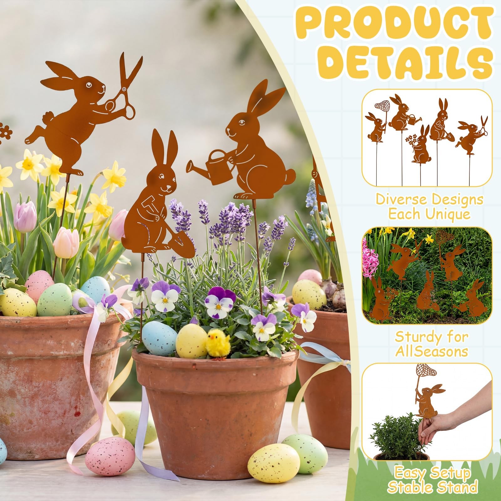 Easter Bunny Garden Stakes 5pcs Metal Yard Decor for Spring Decoration