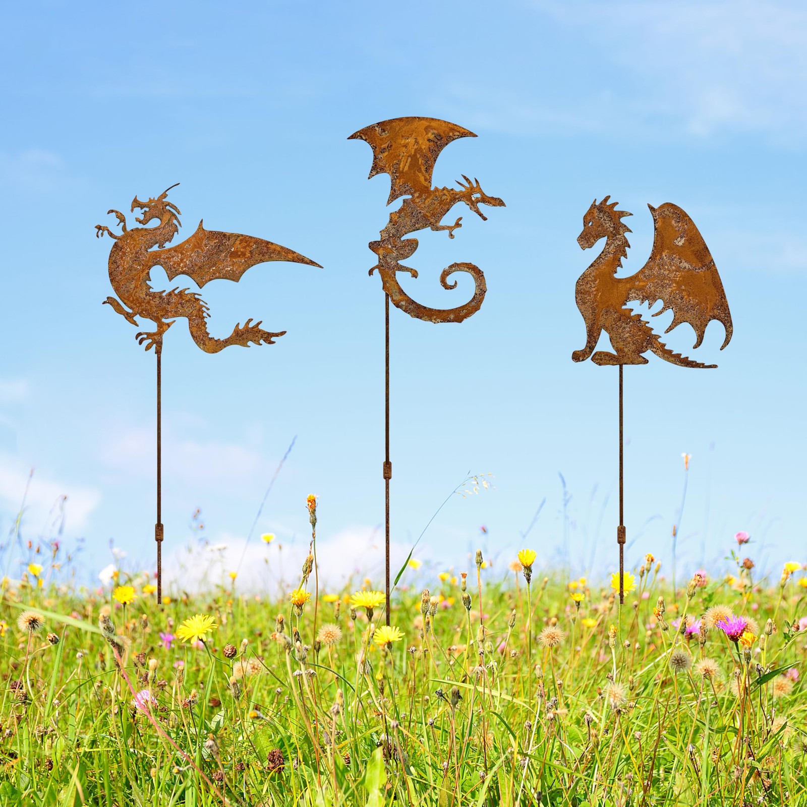 Rusty Fantasy Dragon Garden Stakes Decor, 24 Inch Metal Yard Art Decor, Decorati