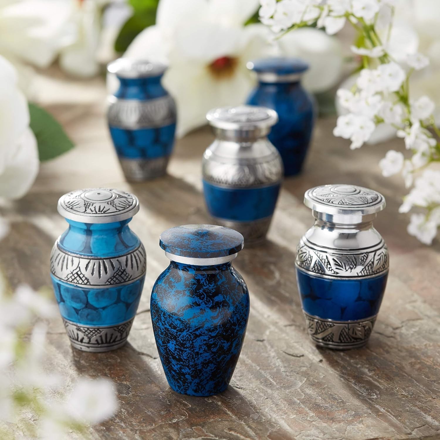 Timeless Blue and Silver Mini Urn Set – Durable Keepsake with Velvet Protection