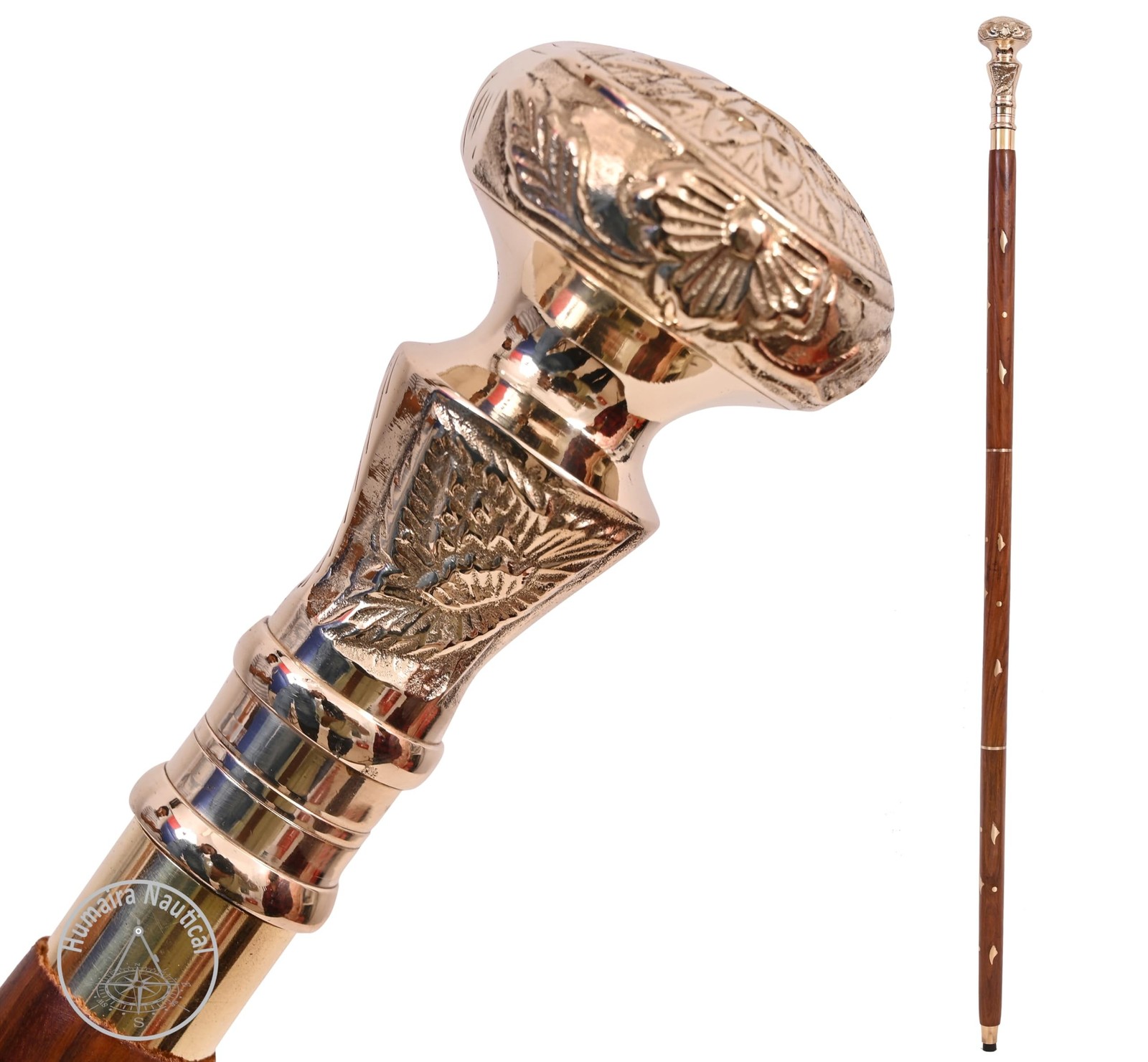 Victorian Brass Handle Walking Stick – Telescope Foldable Wooden Cane, for