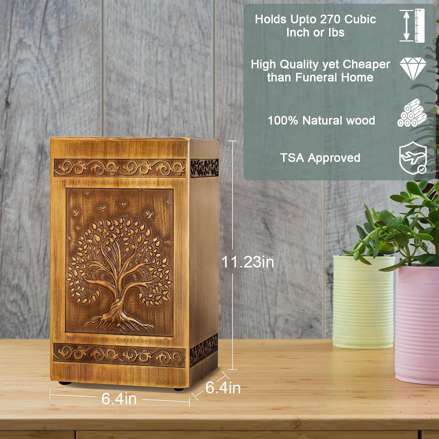 Wood Urn for Ashes for Women Tree of Life Carving Cremation Urns for Human Ashes