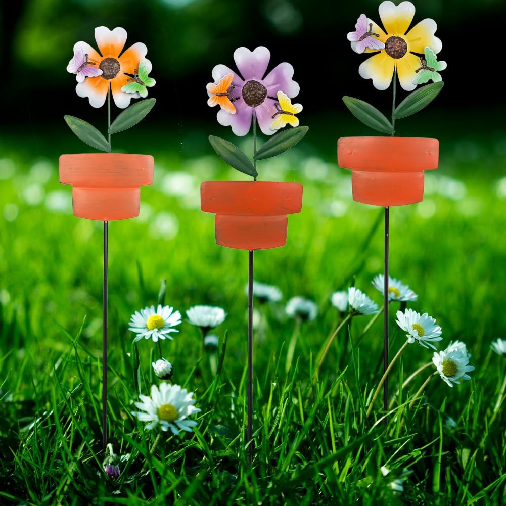 Metal Garden Stakes 3 Pack Decorative Flower Stakes for Outdoor Decor