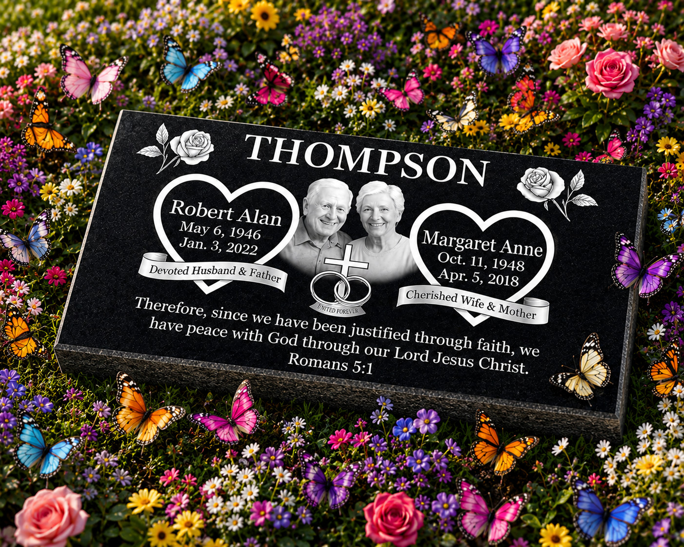 Custom Black Granite Companion Grave Marker Double Portrait Memorial