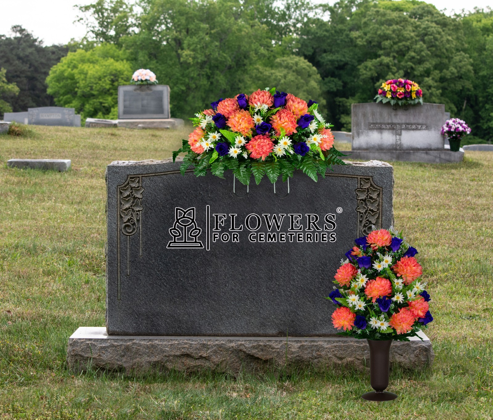 Artificial Cemetery Flowers – Salmon Pink Mum and Purple Rose Bouquet & Saddle
