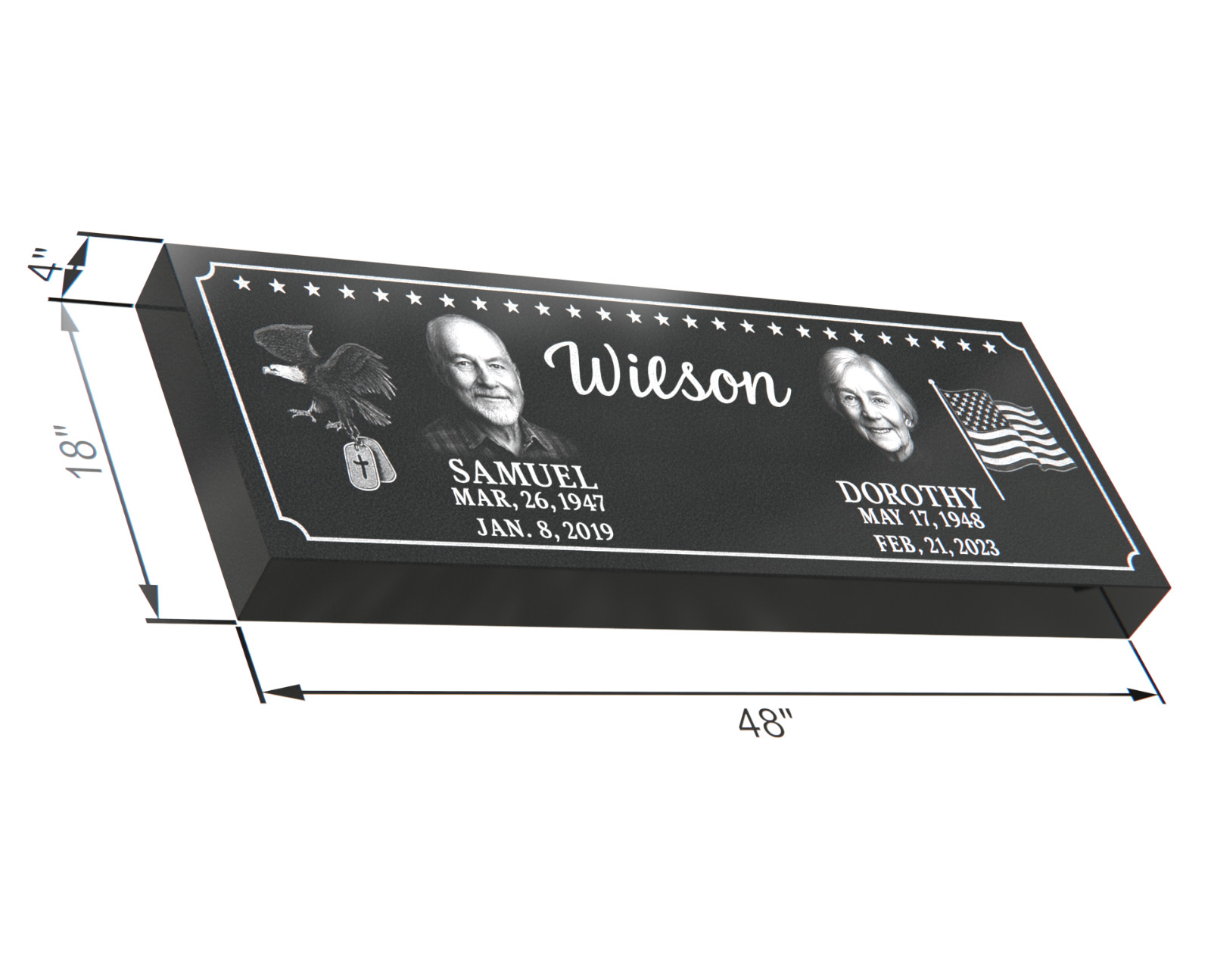 Custom Black Granite Headstone 48x18x4 – Engraved Double Portrait Memorial
