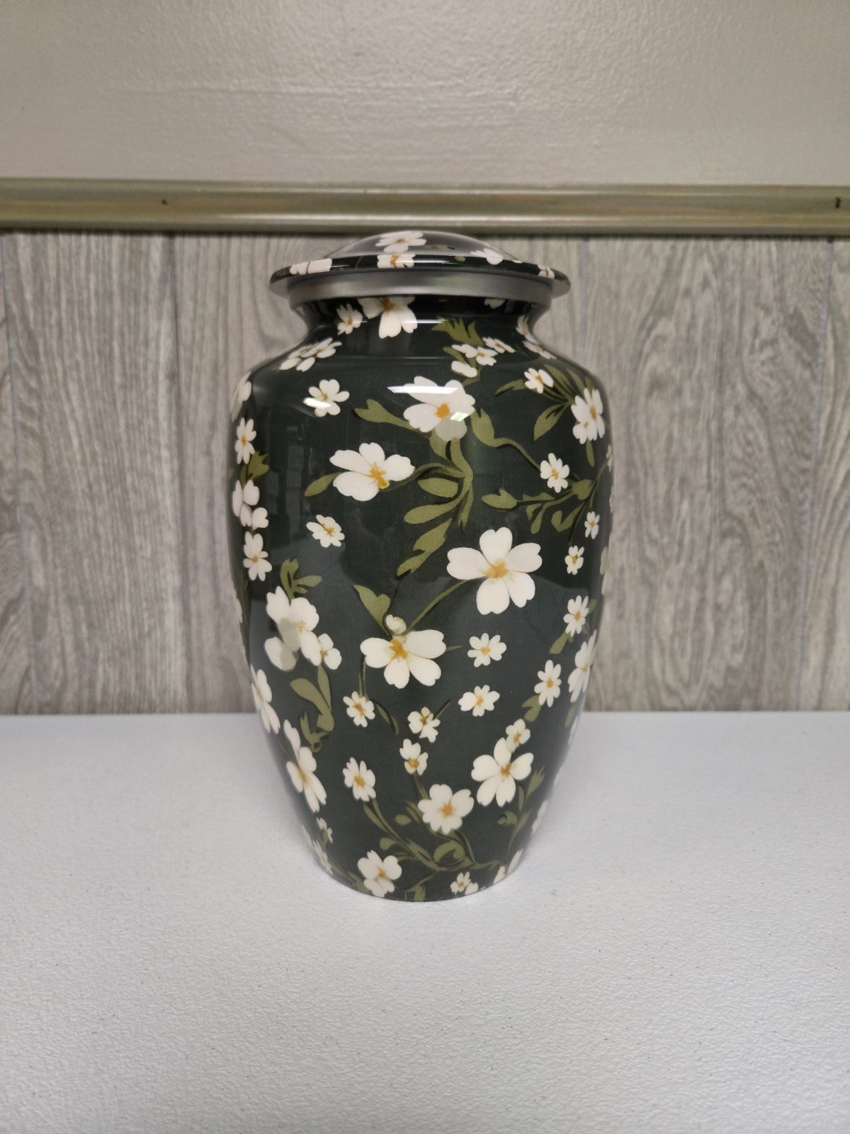 Cogent Memorials Cremation Urn for Ashes Green with White Floral Design – 200 Cu