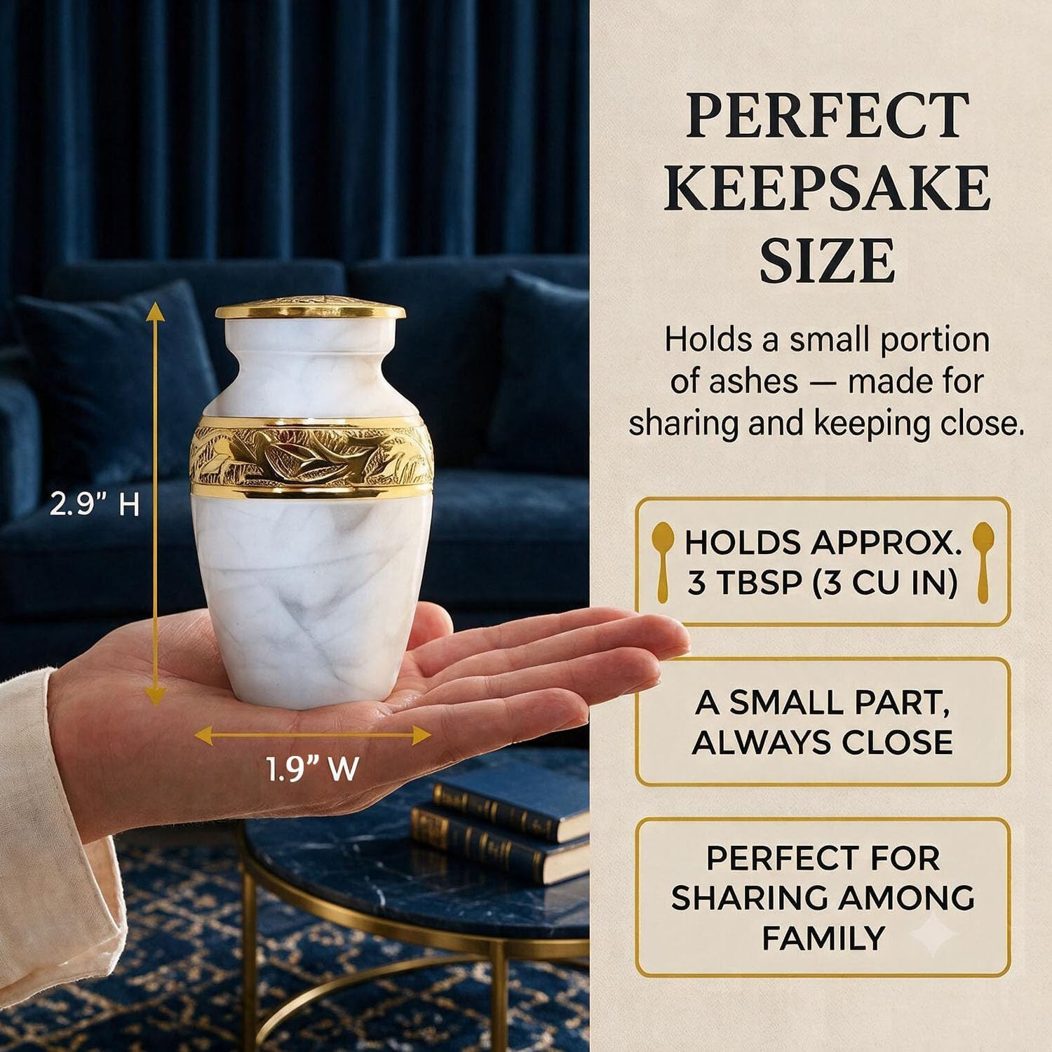 Small Urns for Human Ashes Keepsake – Handcrafted White Memorial Urn with Brass