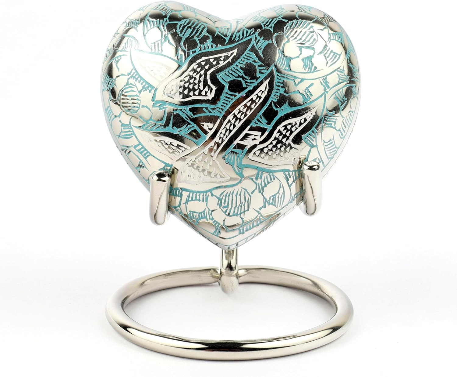 Heart Shaped Brass Small Urn for Human Ashes Keepsake with Engraved Birds – Mini