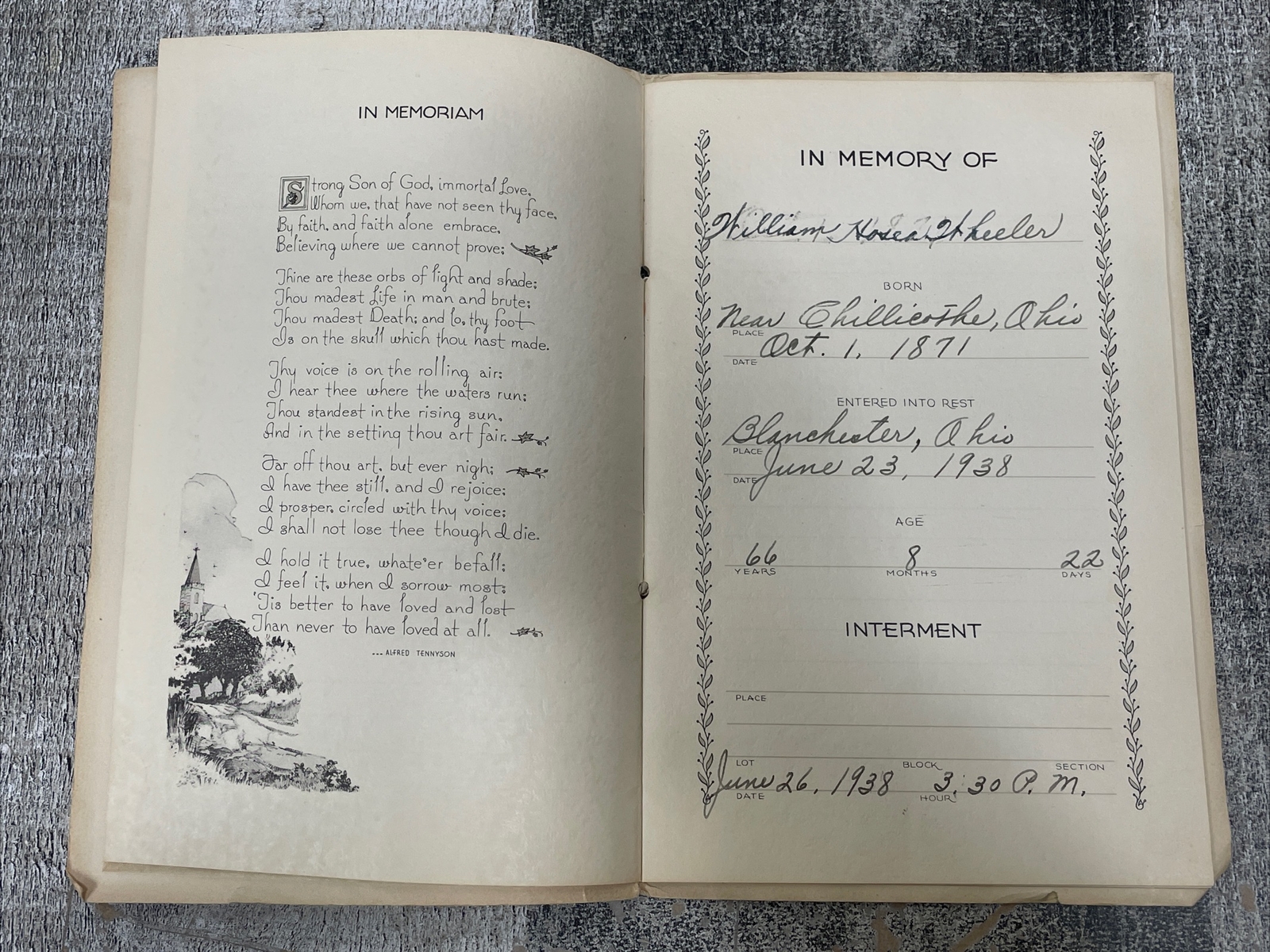 1938 Memorial Record Book Funeral Post Mortem William Wheeler Blanchester Ohio
