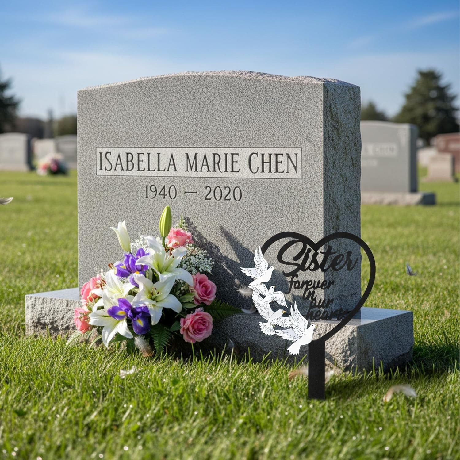 Elegant Sister Memorial Grave Marker – Heart Dove Sympathy Plaque for Outdoor