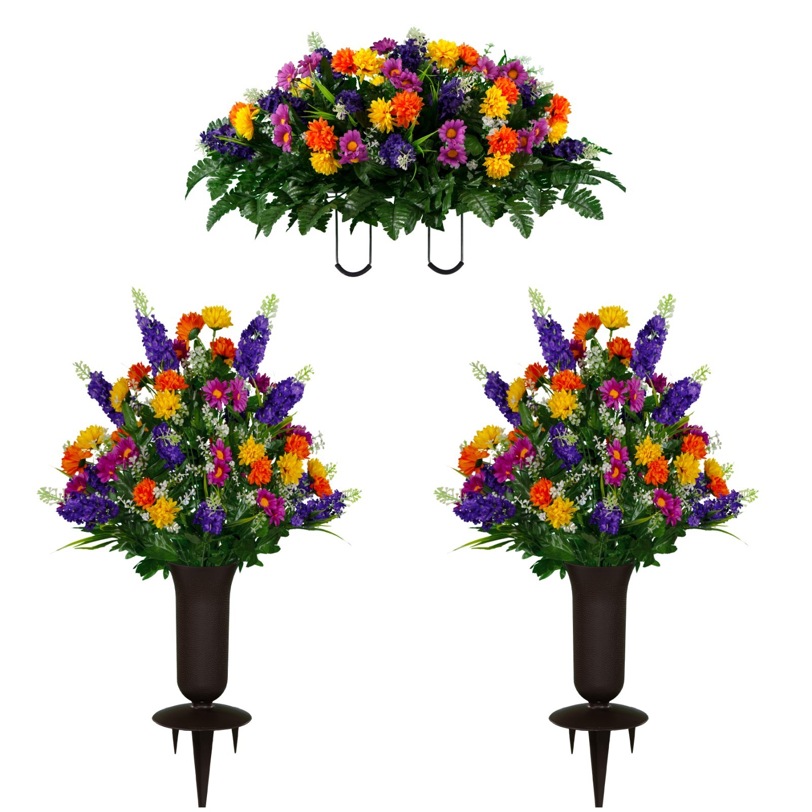 Artificial Purple Violet Yellow Wildflower Mix Saddle, 2 Bouquets, & 2 Vases