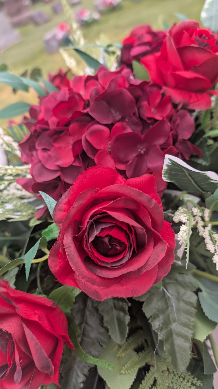 Red and white Sweetheart Roses headstone saddle-Memorial day Grave Saddle