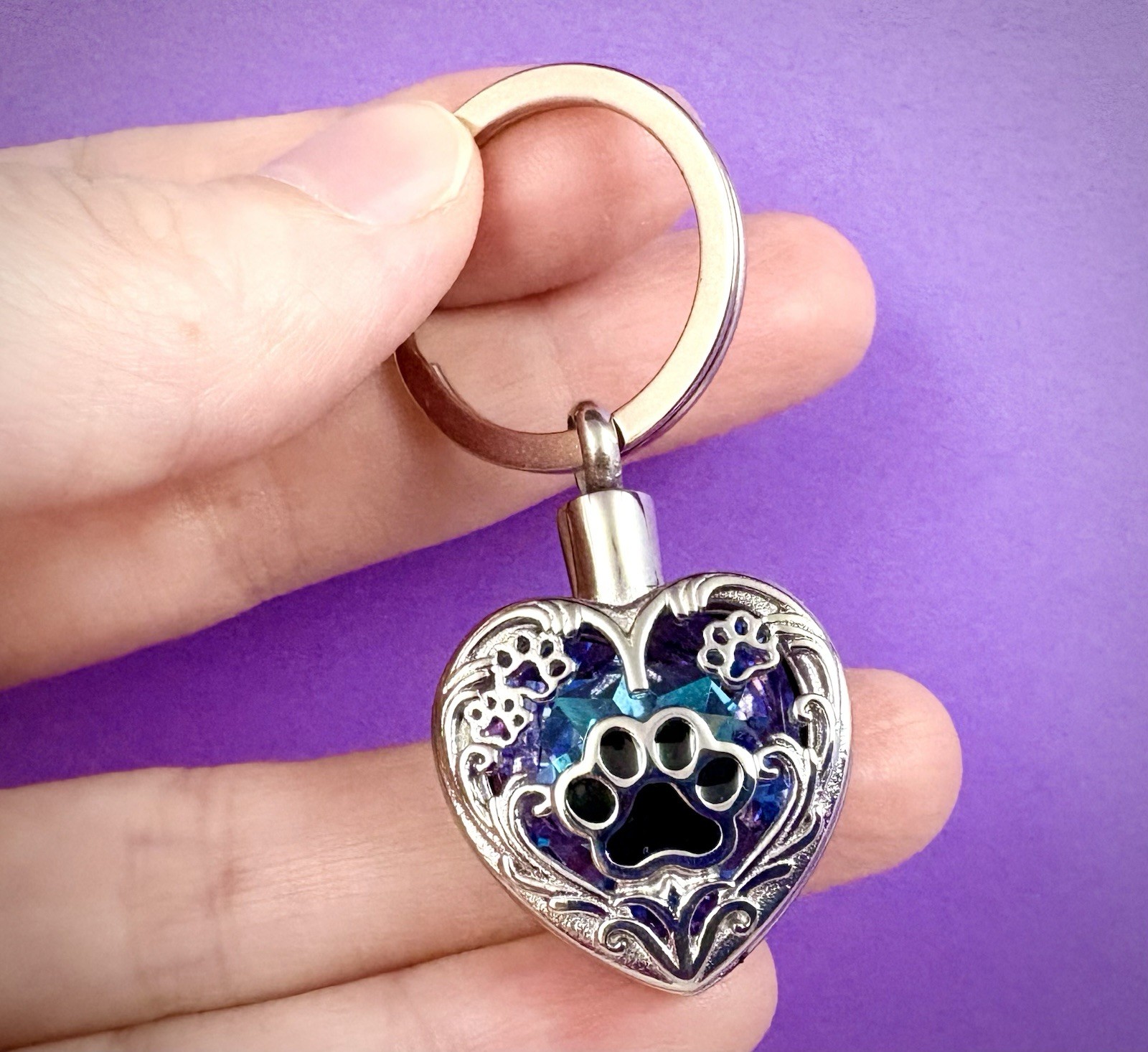 Keyring Urn .5″ Key Chain Pawprints Pet Cremation Pendant Ashes Dog Cat Purple