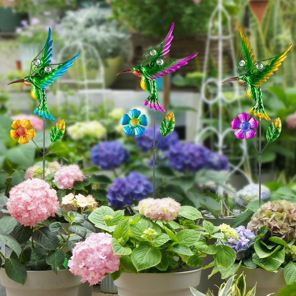 3 Pcs Hummingbird Decorative Garden Stakes with Metal Flower Set Spring Outdo