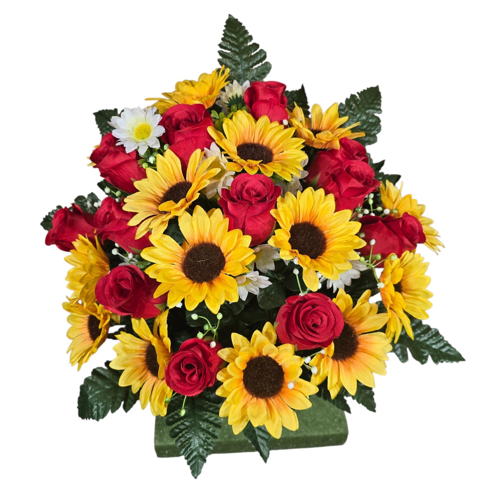 SUNFLOWER CEMETERY VASE MEMORIAL DECORATION WITH RED ROSEBUDS AND SUNFLOWERS