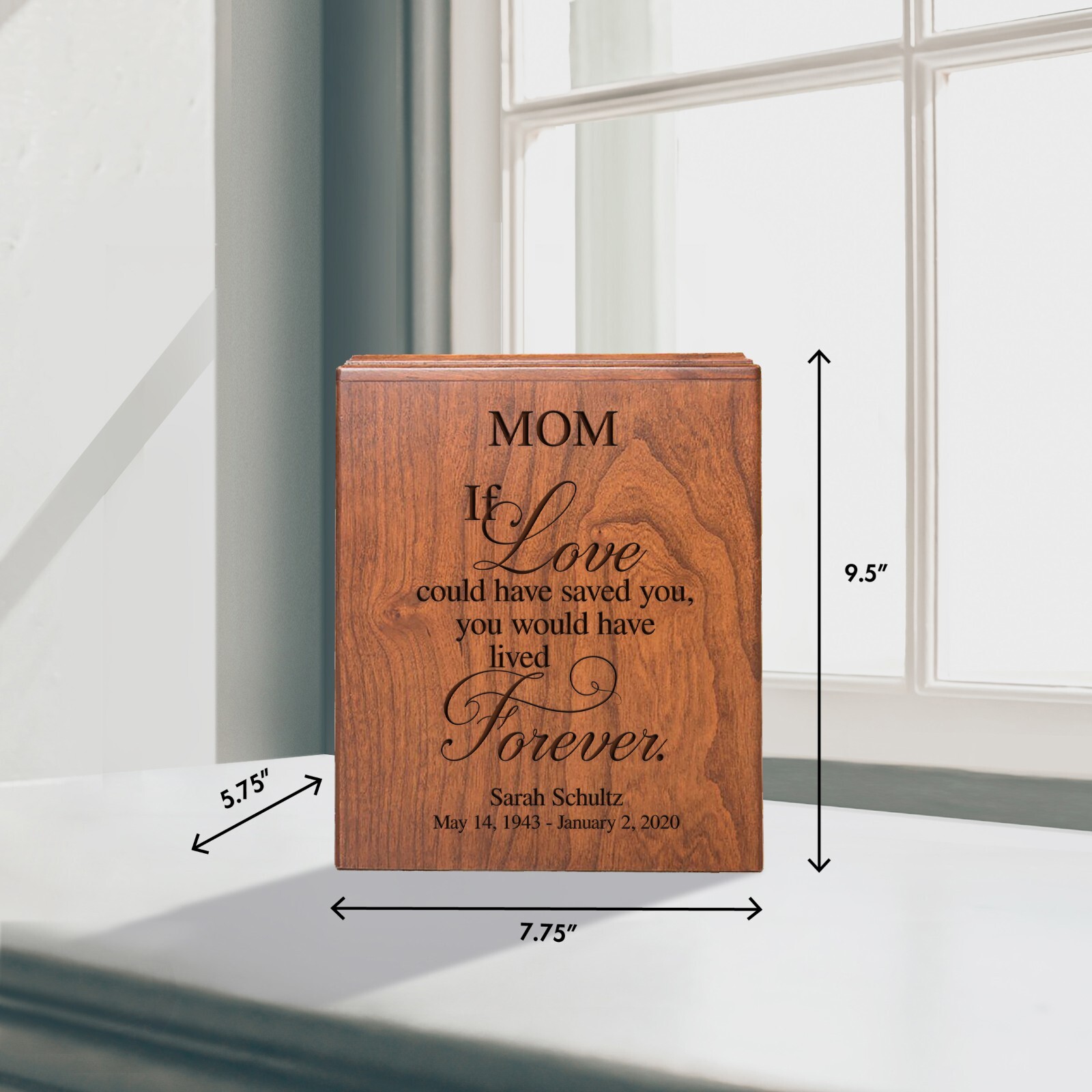 Custom Wooden Economy Urn Box holds 280 cu in of Human Ashes 7.75×9.5 – Mom