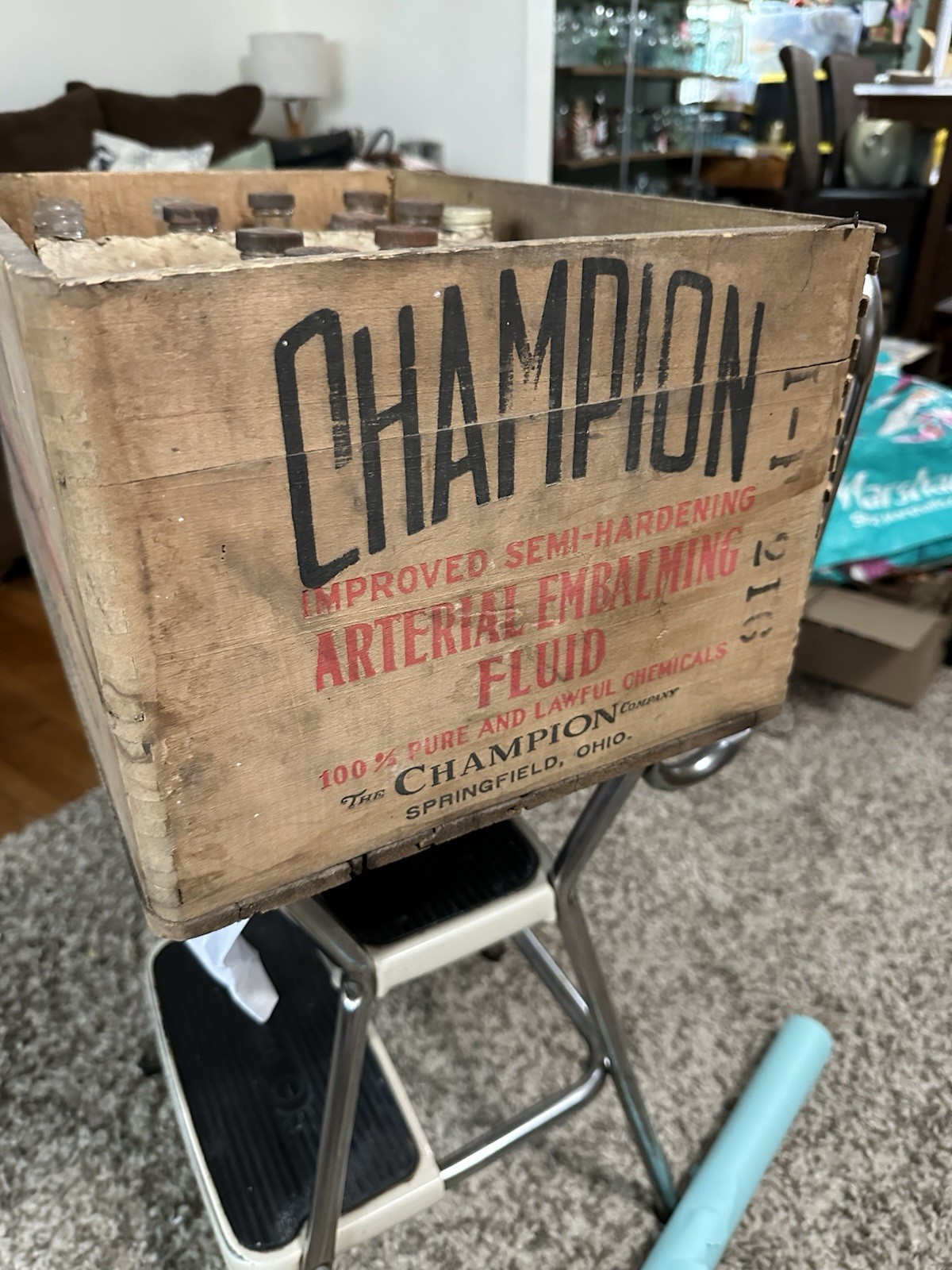 Champion Embalming Fluid Wooden Crate Springfield Ohio Funeral Home Antique