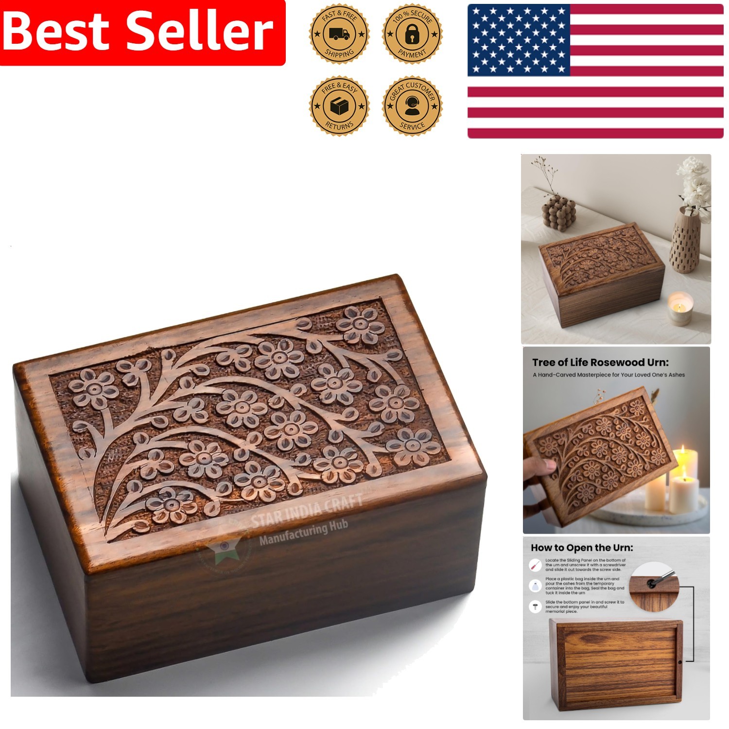 Elegant Urn Rosewood Tree Life Engraving Adult Human Ashes Memorial Home Display