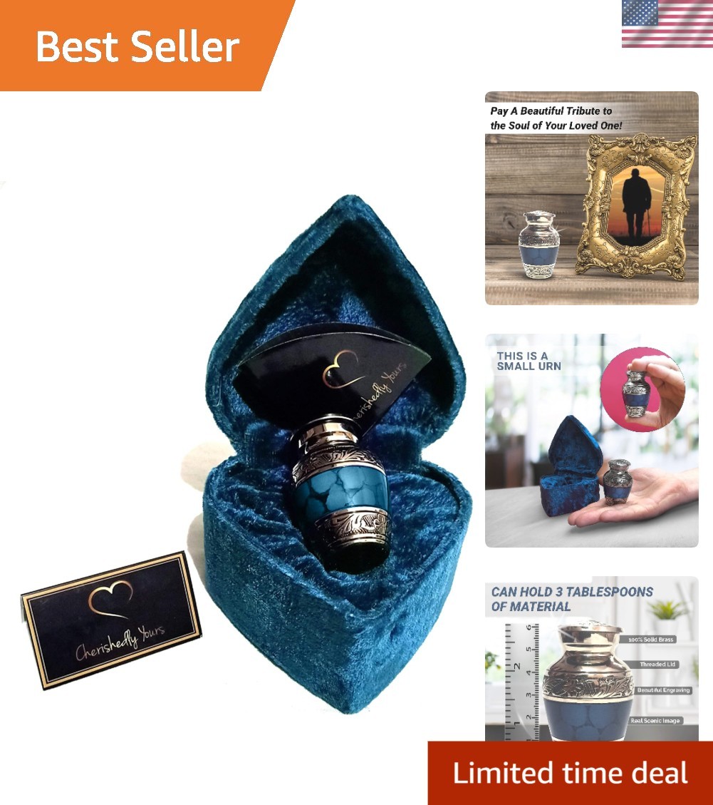 Hand Engraved Mini Memorial Urn in Dark Blue Brass – Velvet Case Included
