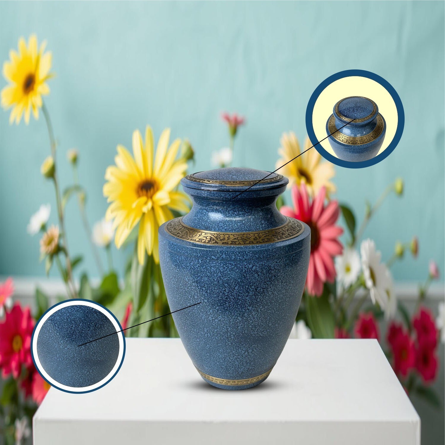 Elegant Solid Brass Blue Marble Gold Strip Urns – Handcrafted Memorial Urn