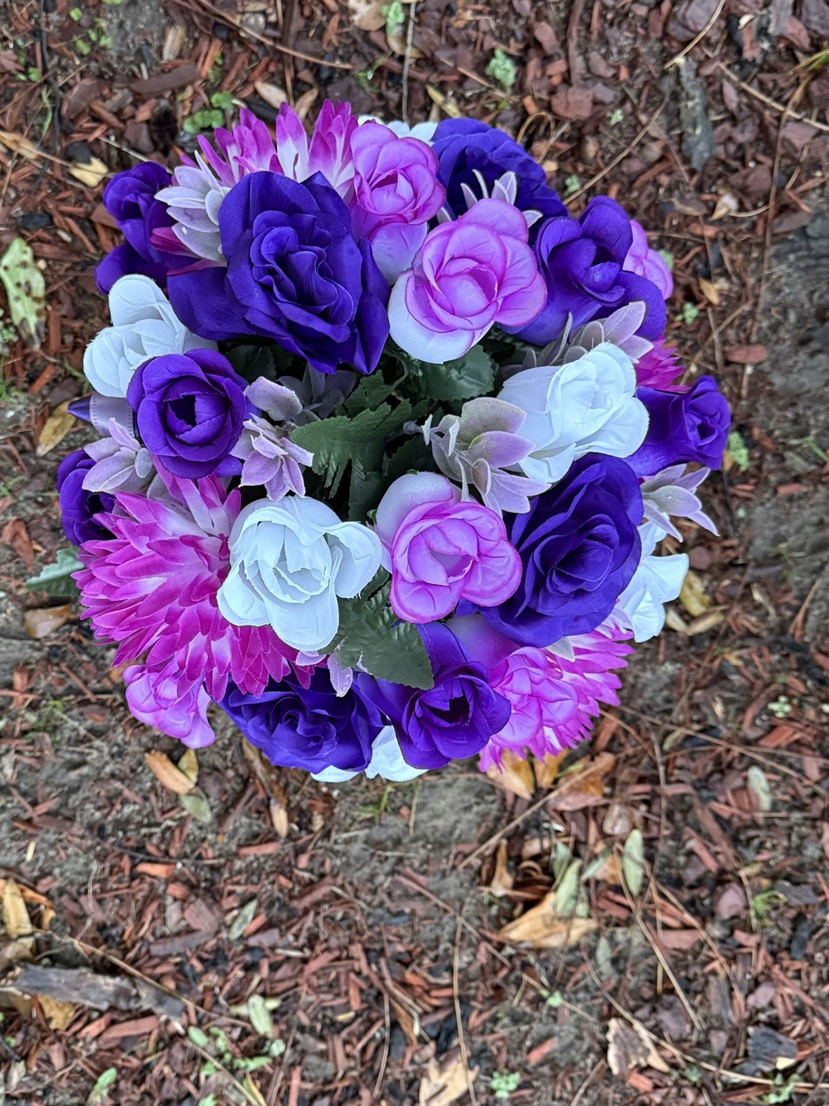 Cemetery Vase Memorial Silk Flower Arrangement Purples & White