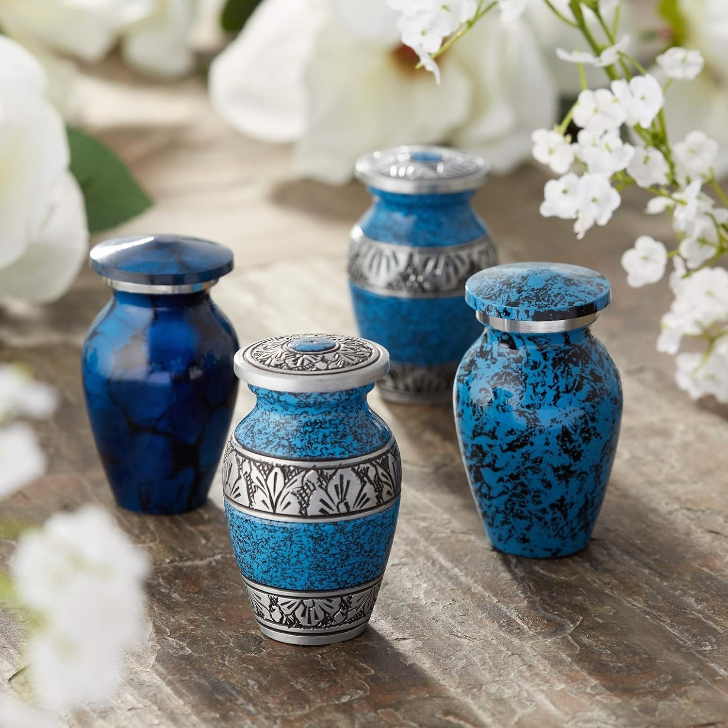 Durable Blue and Silver Mini Cremation Urns with Secure Threaded Lid – Set of 4