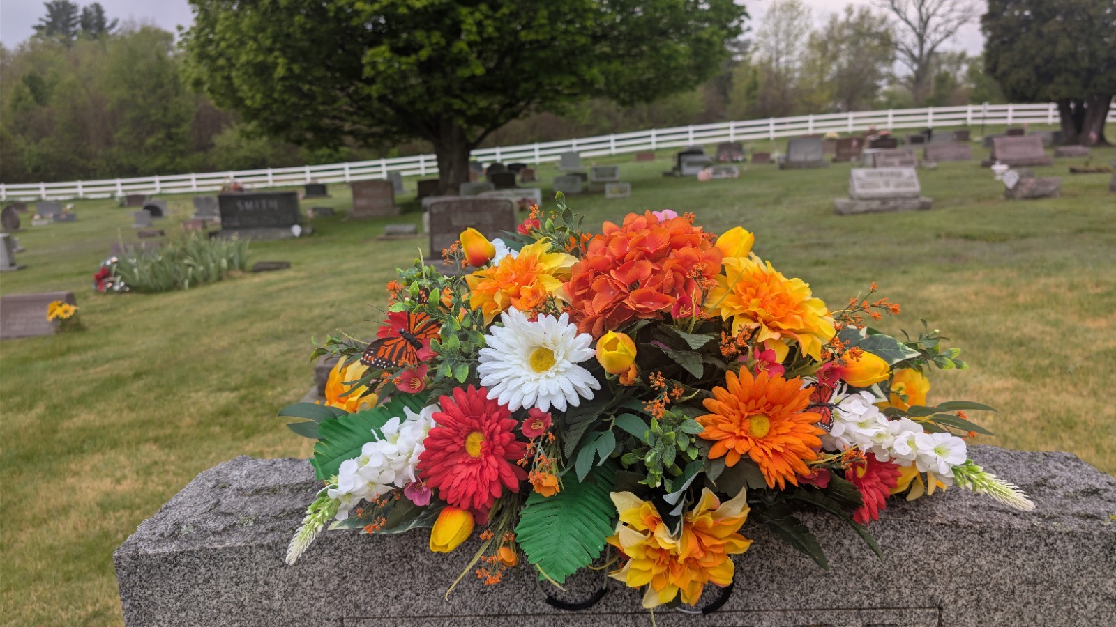 Orange Yellow Summer Grave Saddle, Butterfly Flower Arrangement