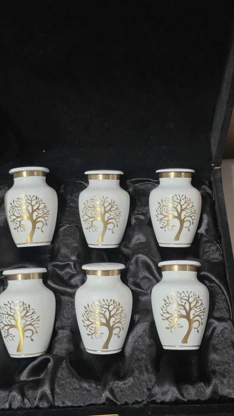Set of 6 White Brass Keepsake Urns | Gold Tree Life Cremation Ashes