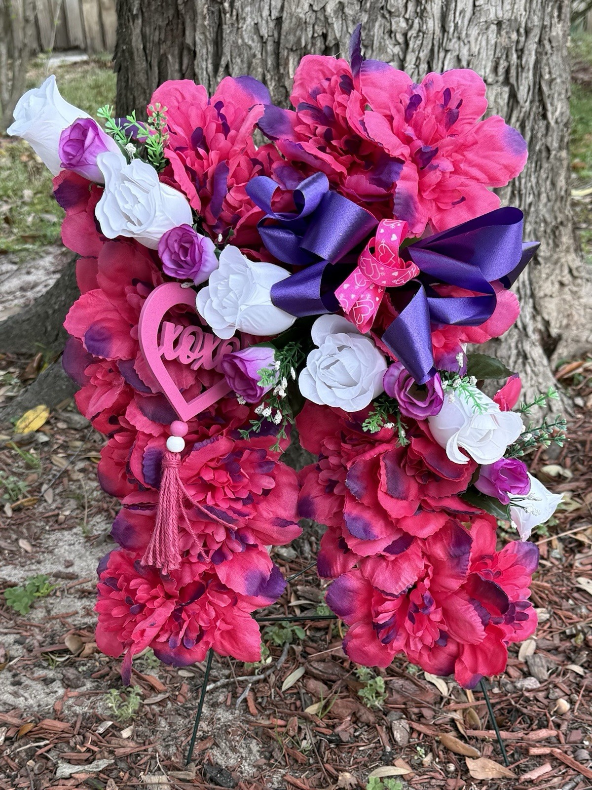 Cemetery Memorial Angel Wing Silk Flower Arrangement Purple-Pink & White