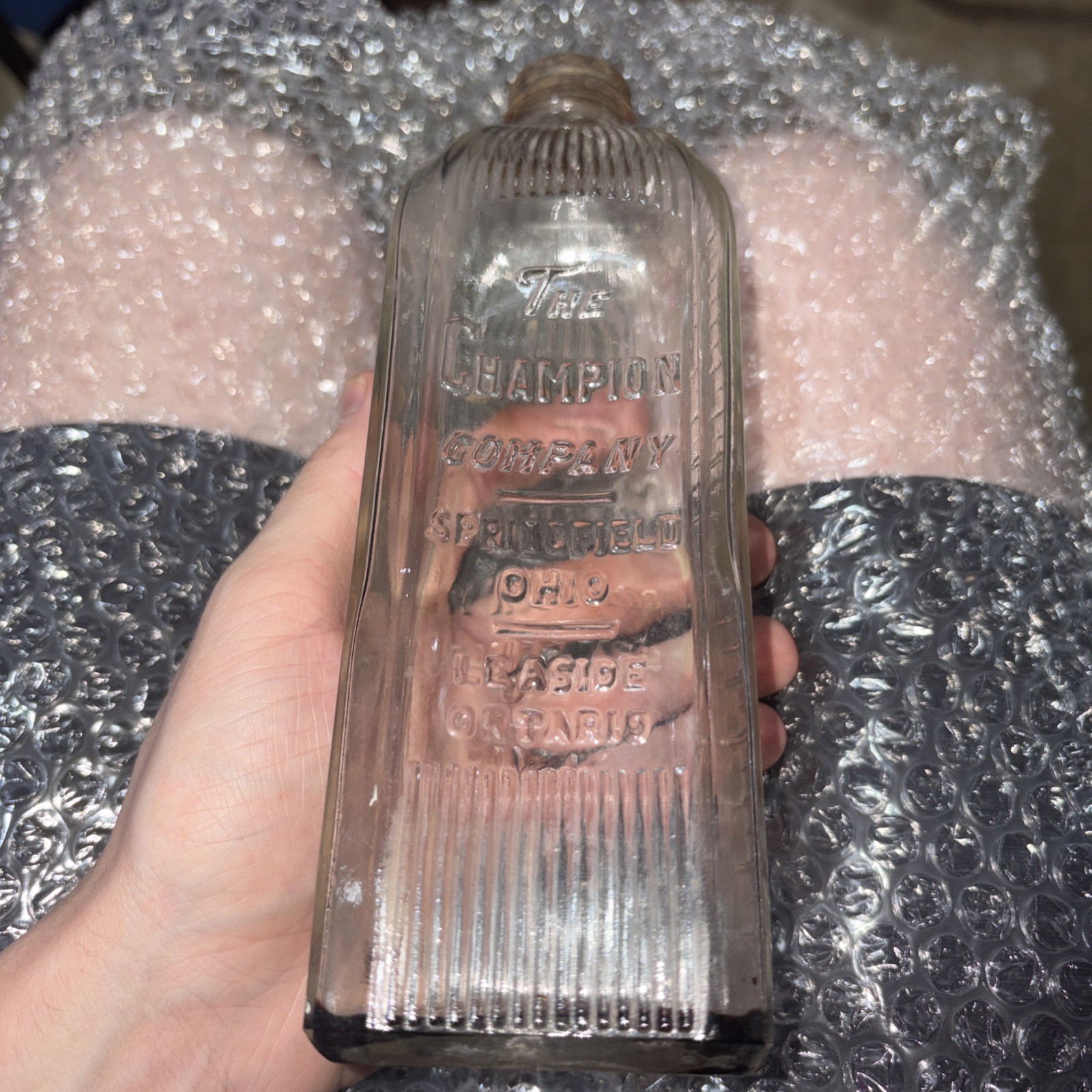 VINTAGE ANTIQUE CHAMPION EMBALMING FLUID GLASS BOTTLE WITH LID SPRINGFIELD OHIO