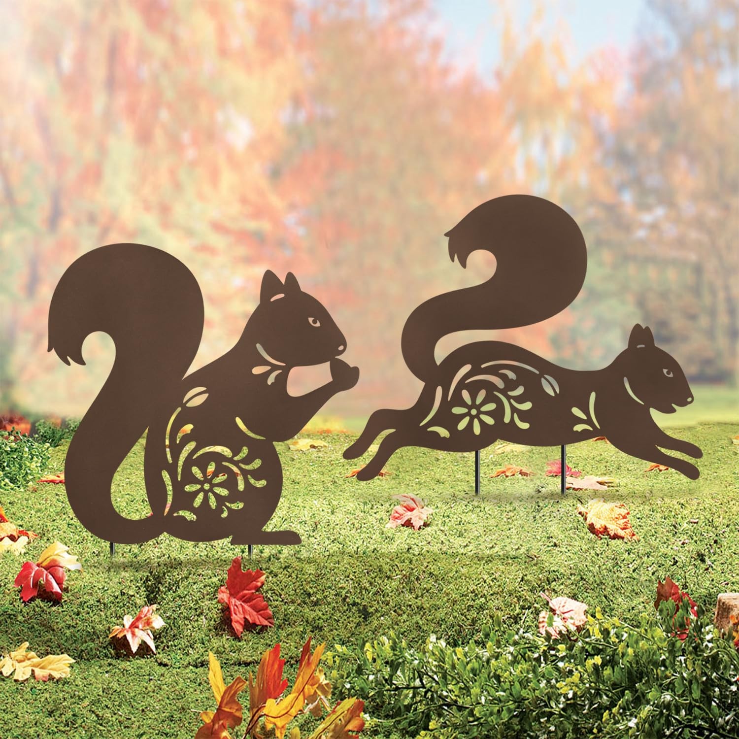 Metal Squirrel Garden Stake Set of 2 Outdoor Fall Yard Decor Statues