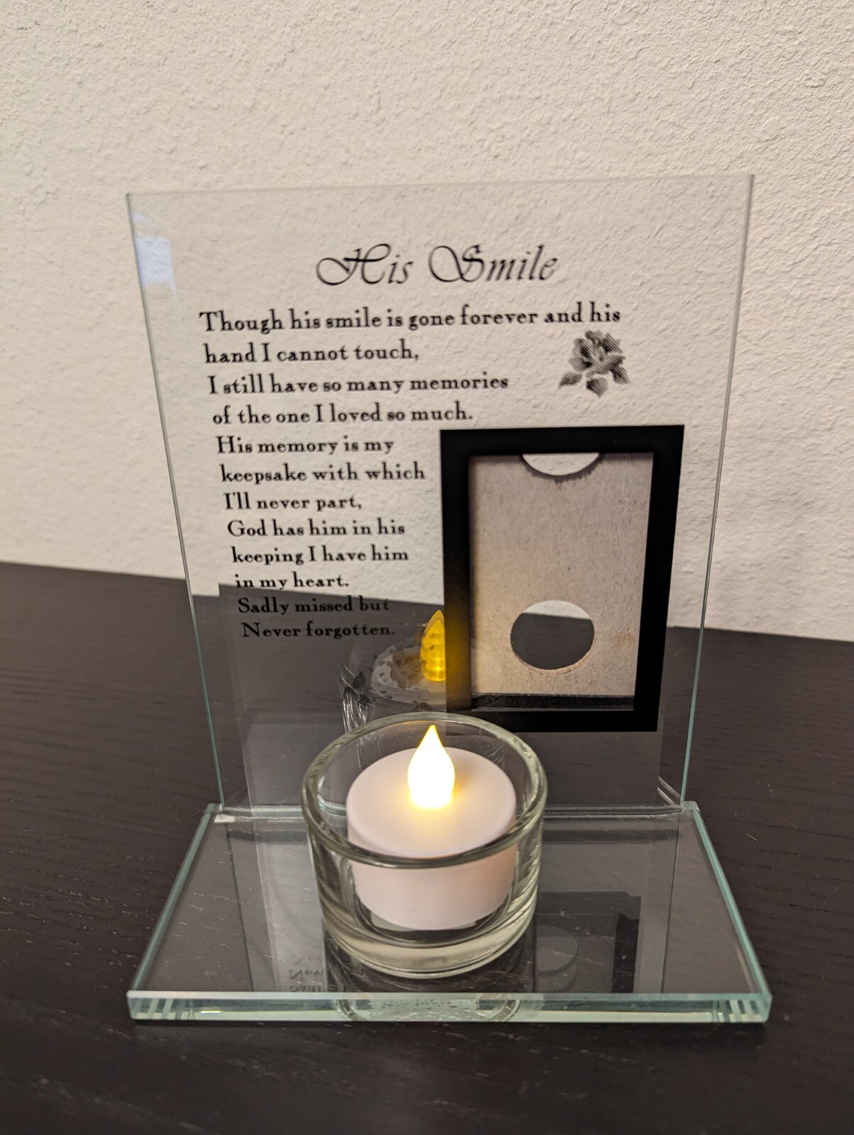 HIS SMILE glass memorial candle holder & photo frame w/ battery votive Included