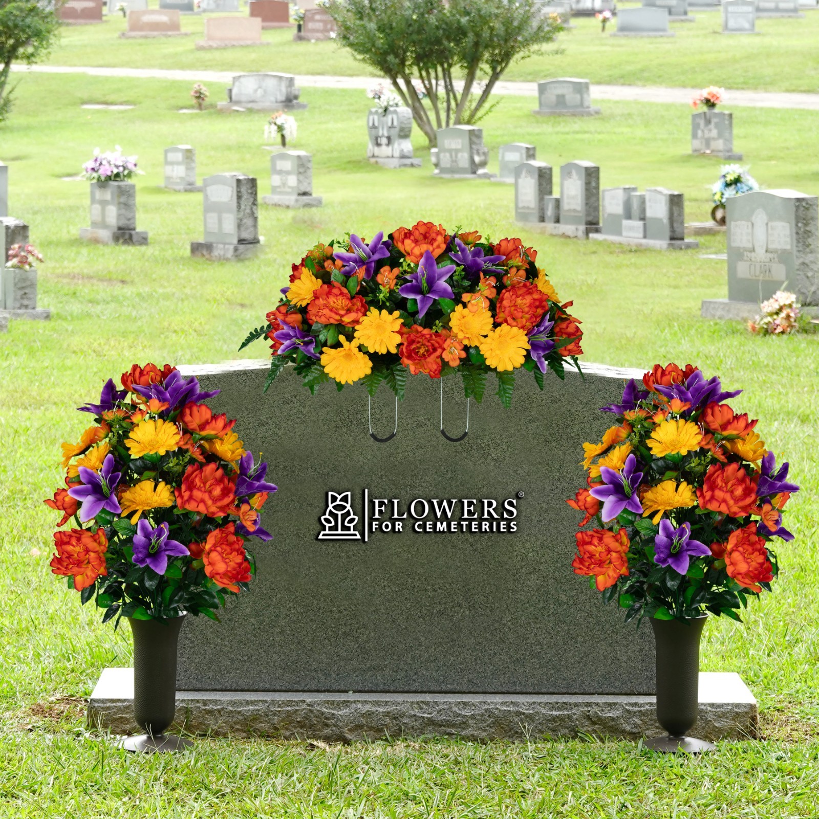 Artificial Orange Peonies, Purple Lilies, and Yellow Daisies Saddle & 2 Bouquets