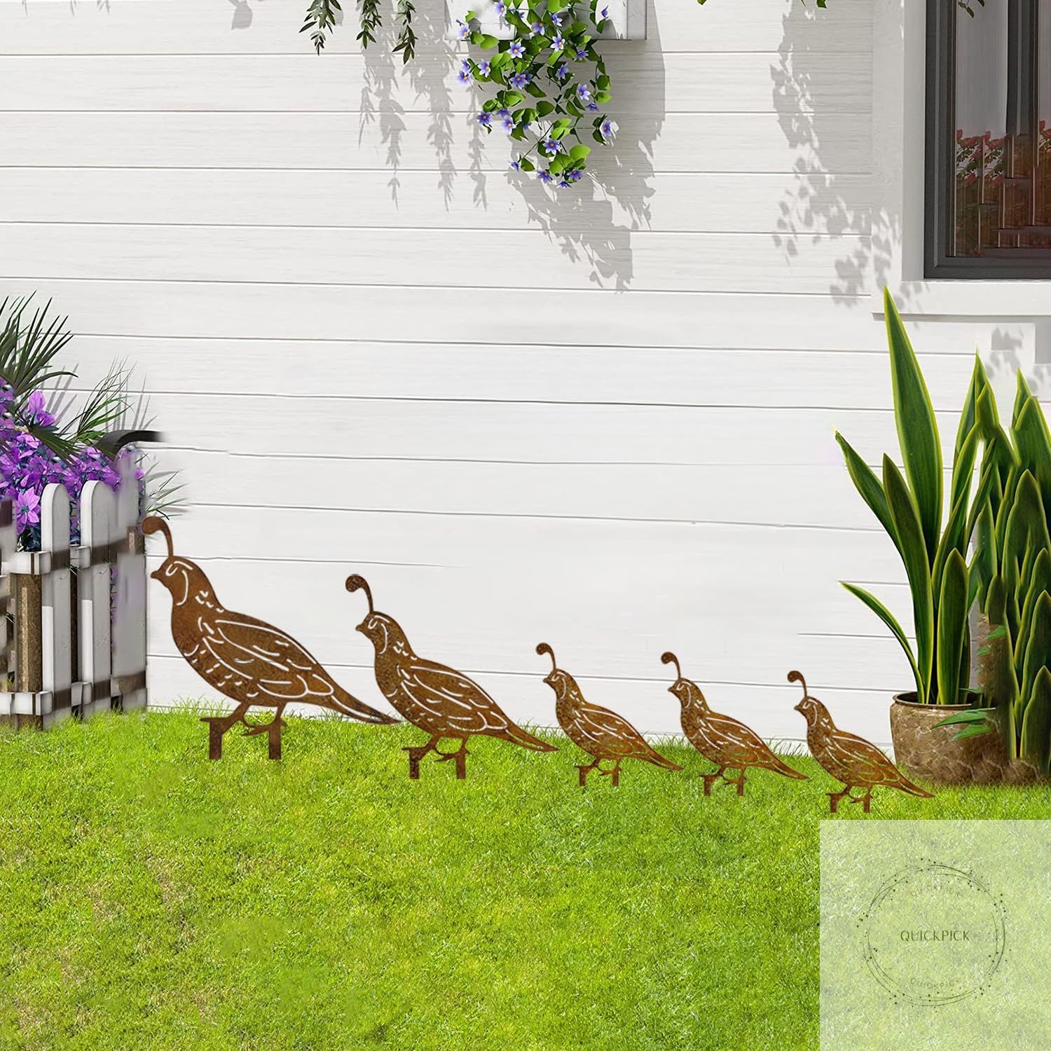 5PCS Rusty Quail Family Decorative Garden Stakes, Metal Birds Yard Decor, Bird