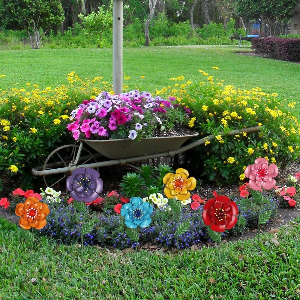 Garden Decor for Outside, Set of 6 Metal Flowers Decorative Garden Stakes for Sp