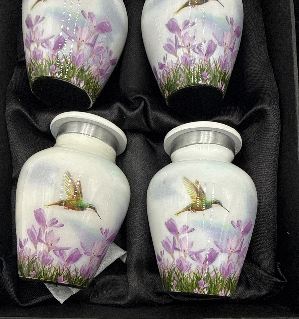 4 White Hummingbird Keepsake Urns Mini Memorial Ashes Human Pet Set