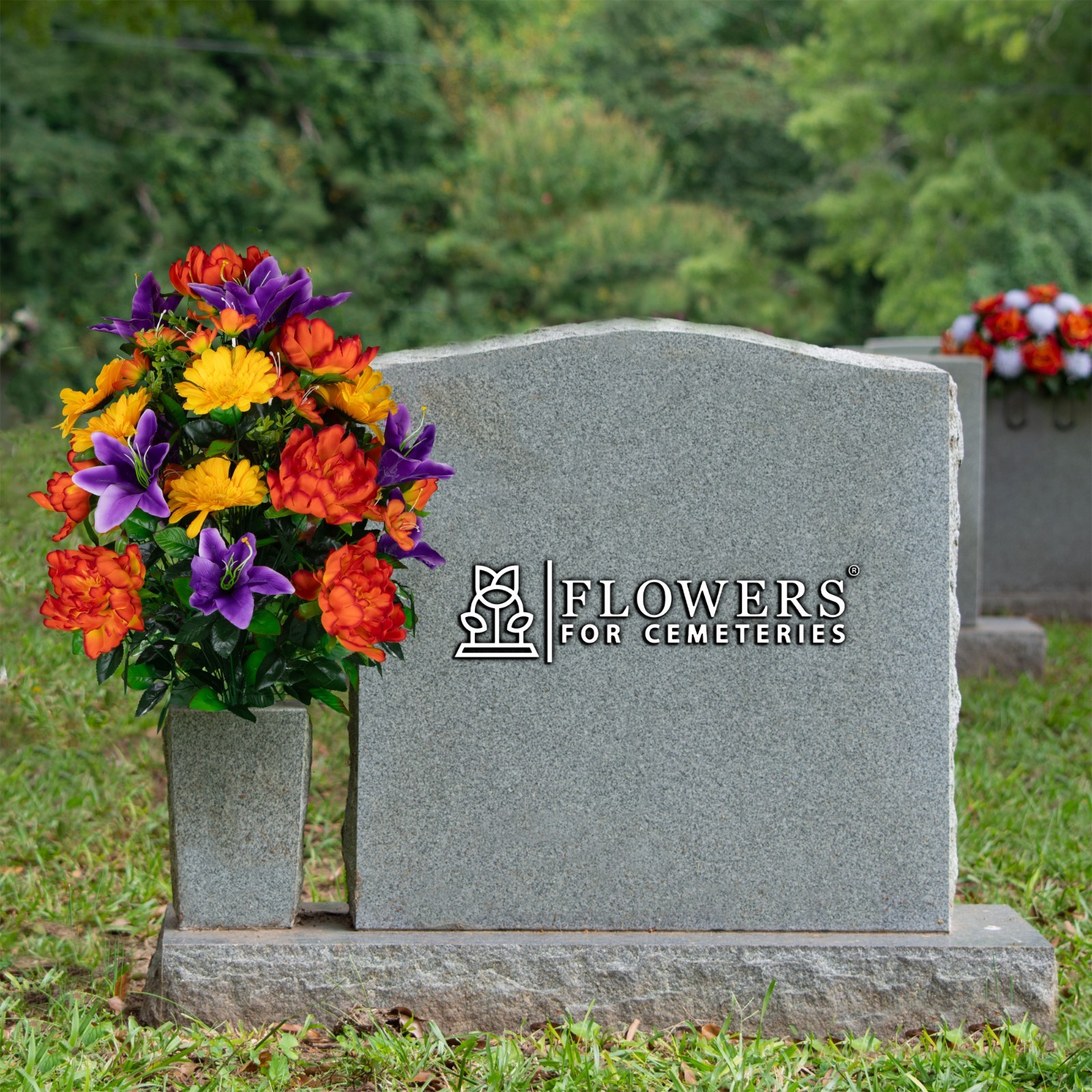 Artificial Gravesite Flowers – Orange Peonies, Purple Lilies, and Yellow Daisies