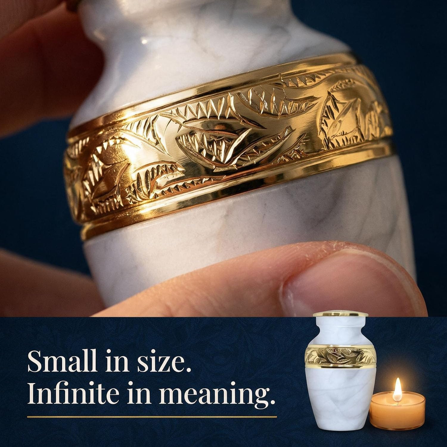 Small Urns for Human Ashes Keepsake – Handcrafted White Memorial Urn with Brass
