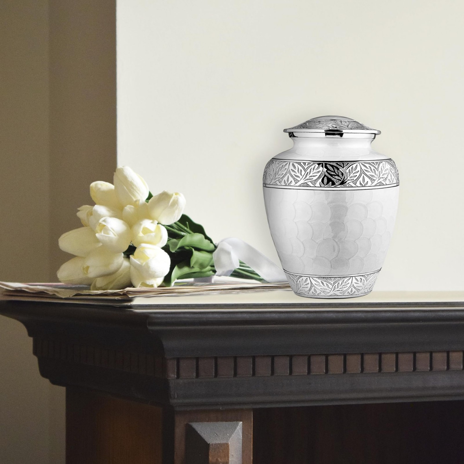 Engraved Mother Of Pearl Funeral Urn For Adult Male Silver Lining White