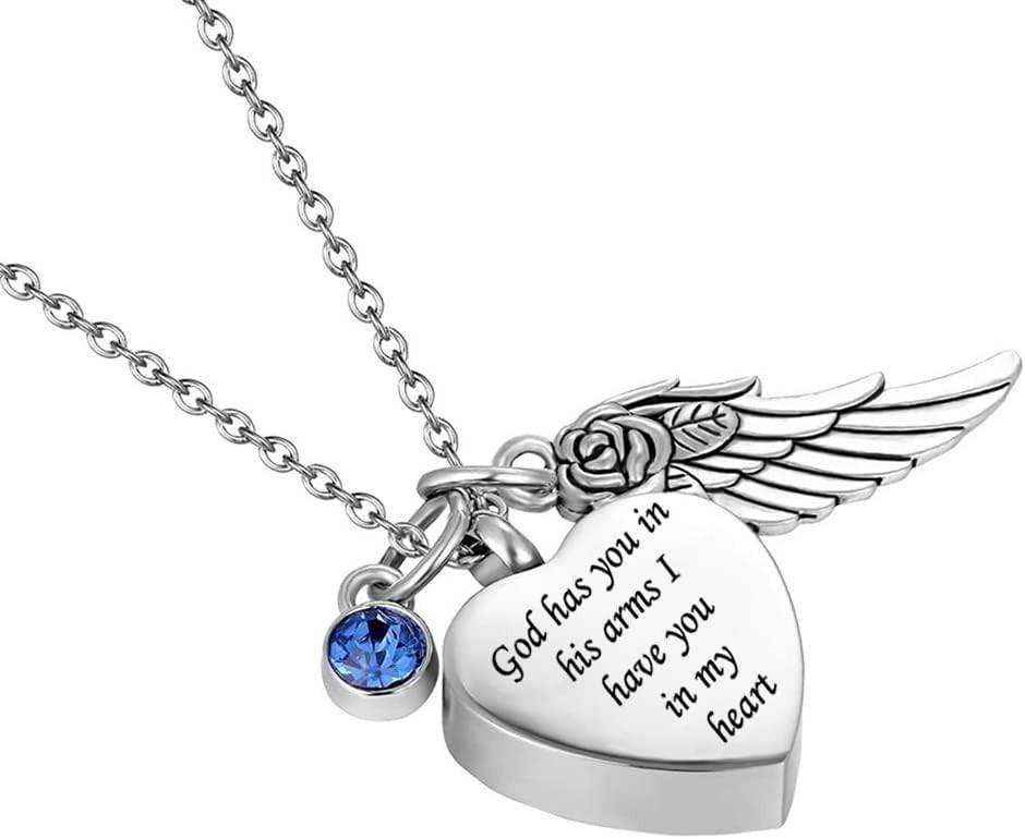 Angel Wing Charm Cremation Ashes Necklace – Heart Pearl & Birthstone Keepsake