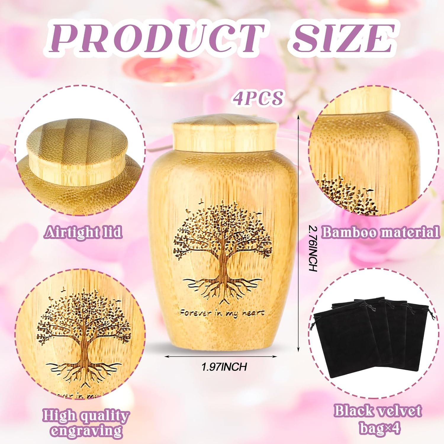 4 Sets Small Urn for Human Ashes Mini Urns with Tree Pattern Engraved Biodegrada