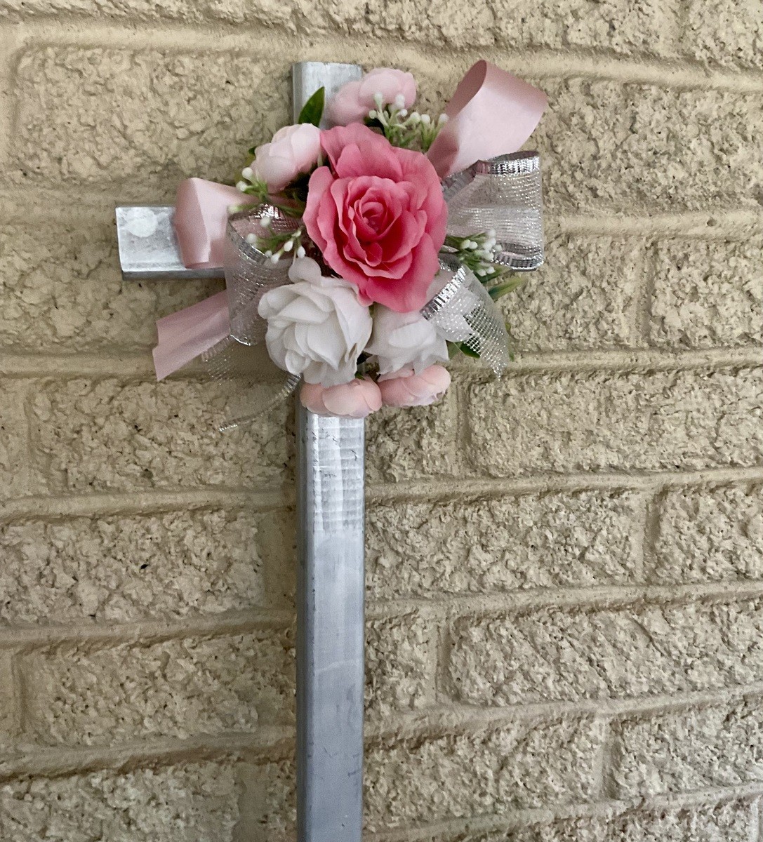 Cemetery flowers, cemetery decoration, memorial flowers for a female, cross memo
