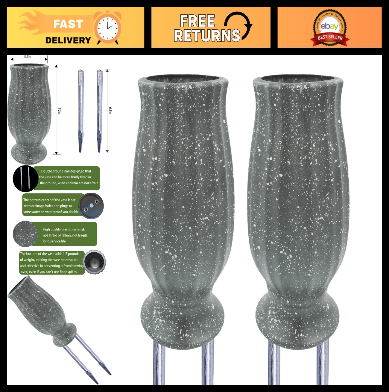 2PCS Durable Plastic Cemetery Vases with Metal Spikes – Flower Holders for Grave