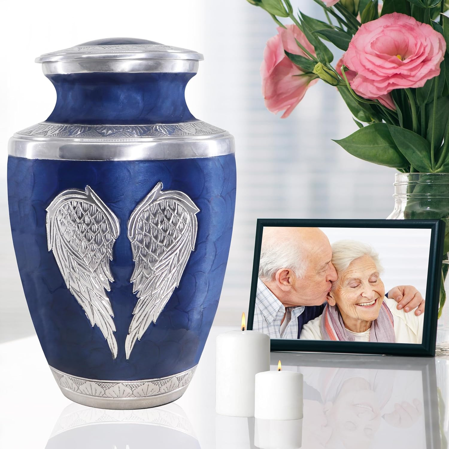 Elegant Silver Angel Wings Urn for Adult Ashes – Dark Blue & Silver Large