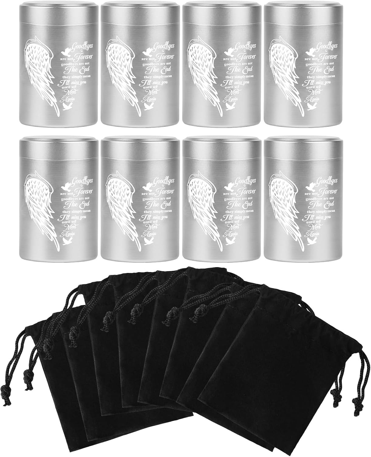 Mini Urns for Human Ashes Set of 8, Small Silver Angel Wings Keepsake Urns for A