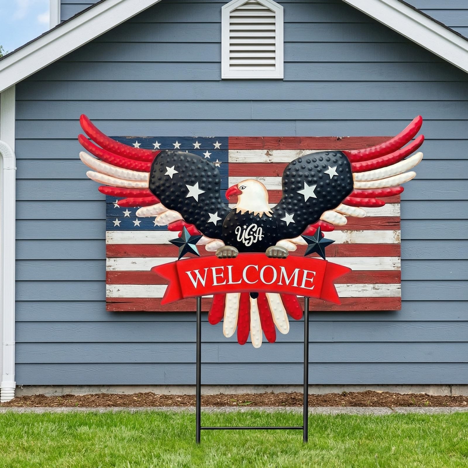 Patriotic Eagle Welcome Garden Stake Metal Red White Blue Yard Art