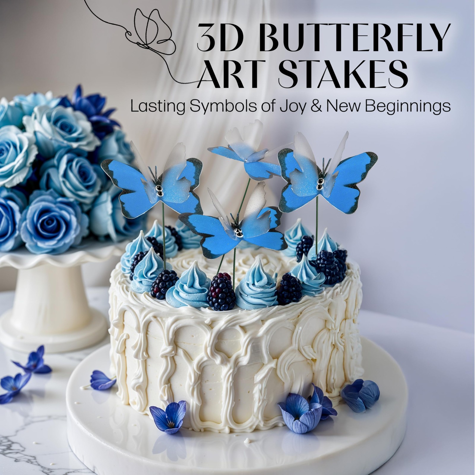 Handmade Blue Sky Butterfly Garden Stakes – Set of 7 Premium 3D Hand-Painted …